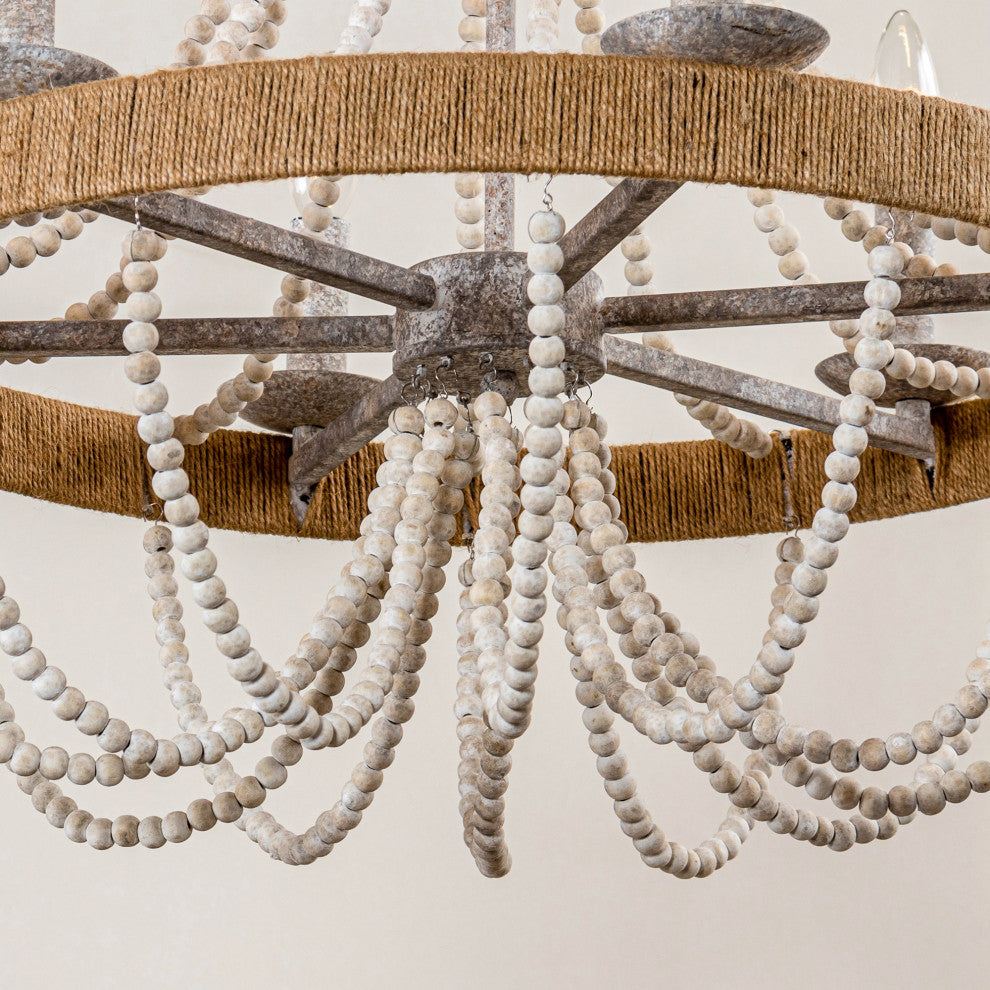 23.6 in Farmhouse 6-Light Wooden Beaded Candle Chandelier