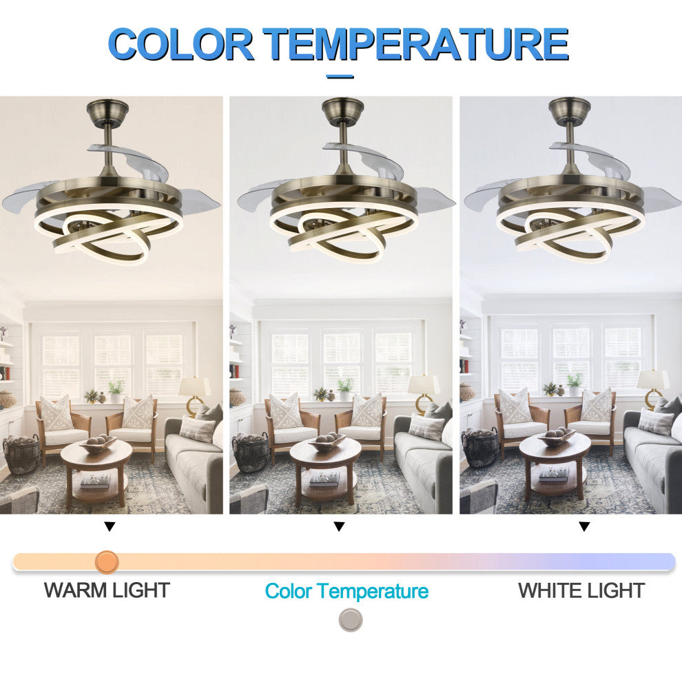 45W Modern Retractable Ceiling Fan Reversible 6-Speed with Remote Control, Bronze, 42