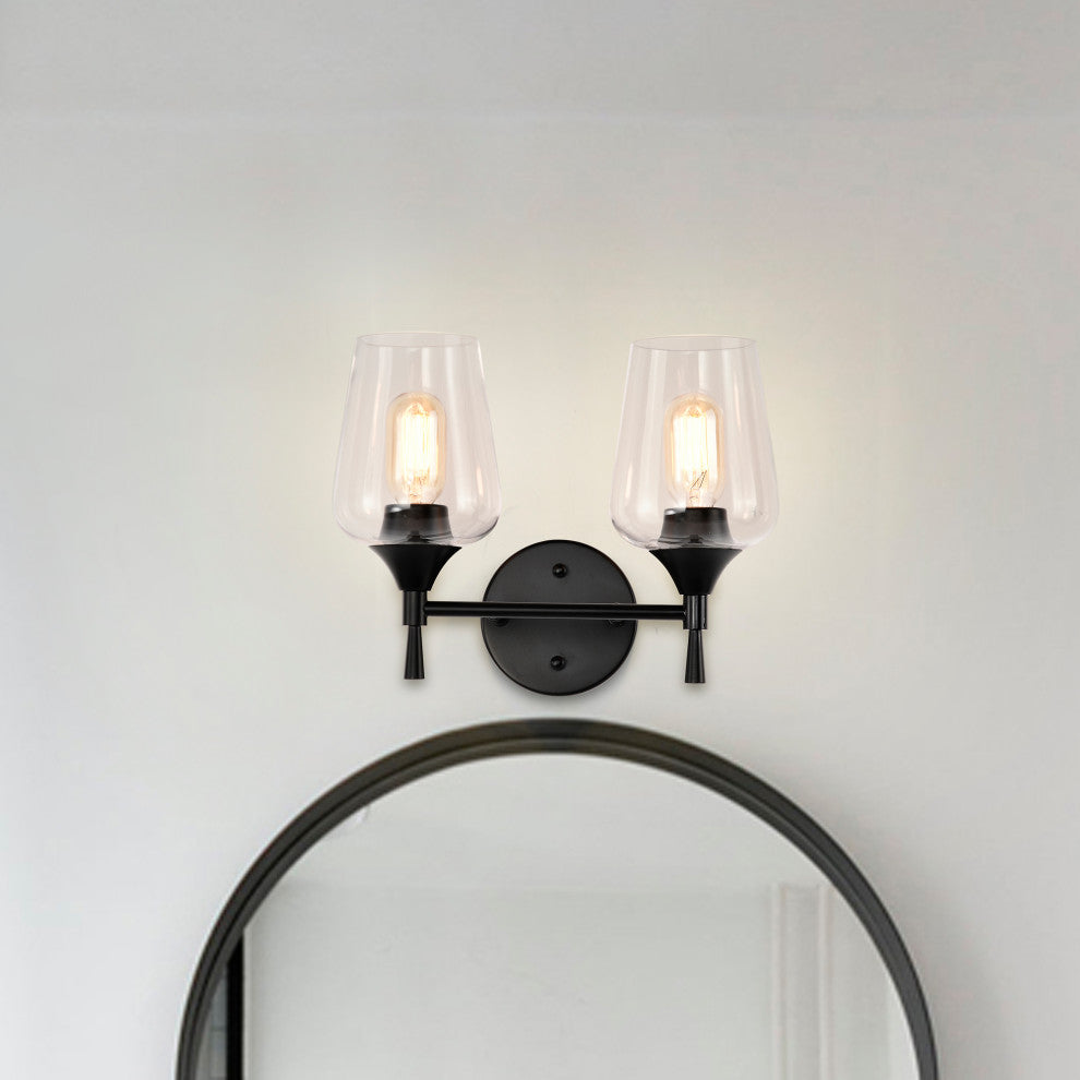 13 in. 2-Lights Matte Black Vanity Light With Clear Wine Glass Shades