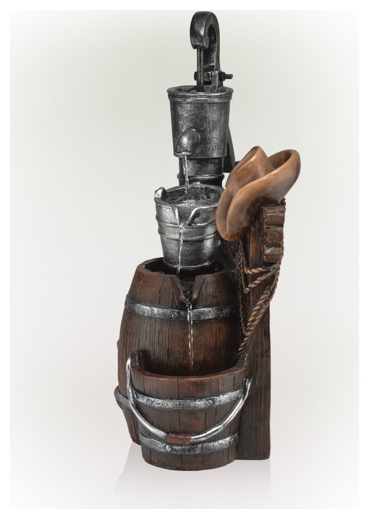 Pump and Barrel Fountain with Cowboy Hat