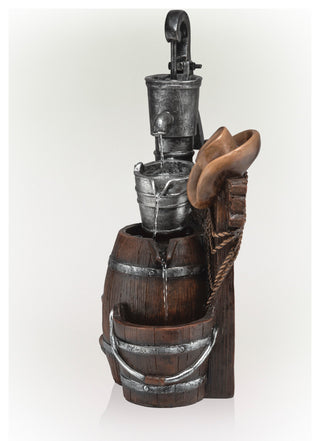 Pump and Barrel Fountain with Cowboy Hat
