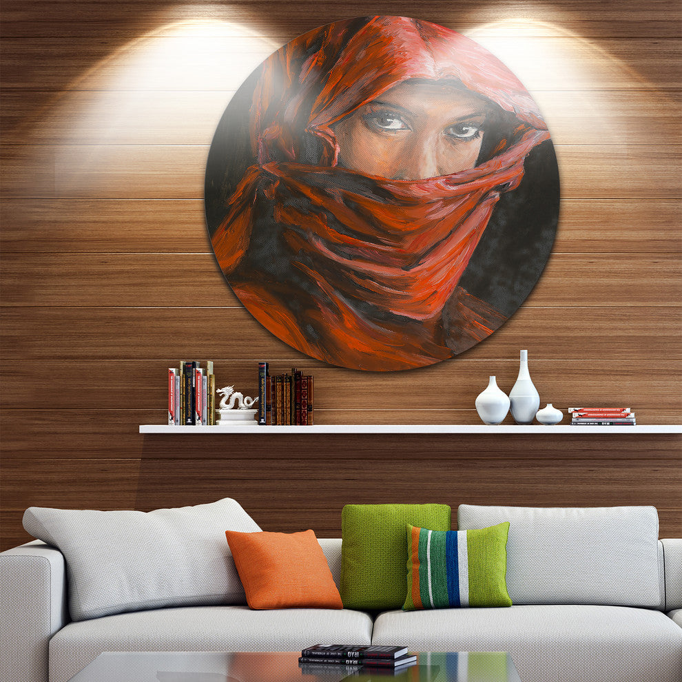 Arabian Woman In Hijab, Portrait Round Metal Wall Art, 11"