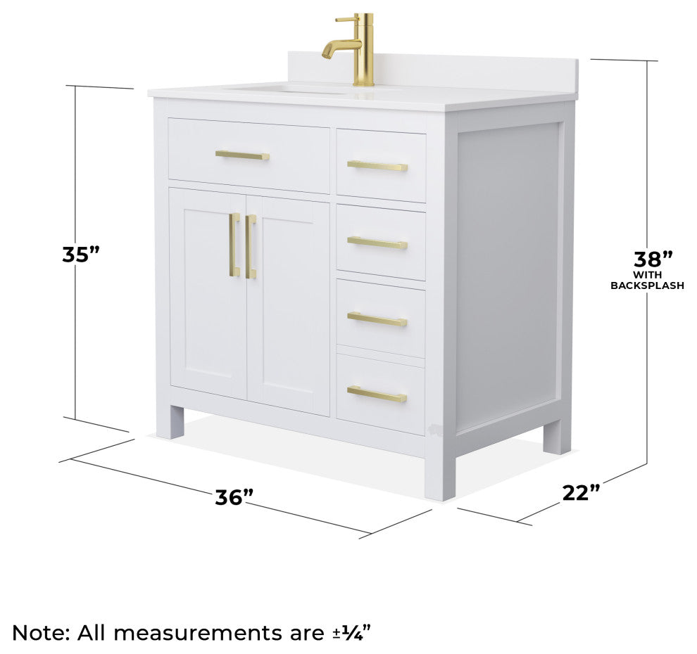 Beckett 36" White Single Vanity, White Cultured Marble Top, Gold Trim