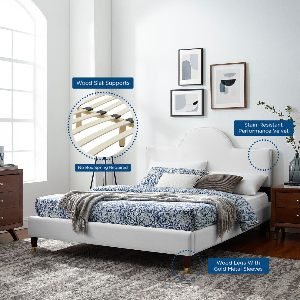 Platform Bed Frame, King Size, White, Velvet, Modern, Bedroom Guest Suite