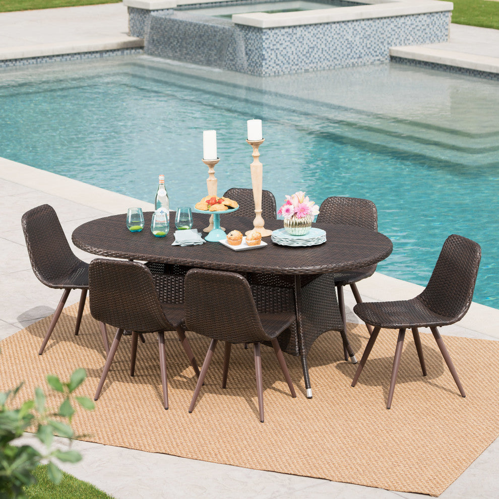 GDF Studio 7-Piece Allens Outdoor Multi-brown Wicker Oval Dining Set