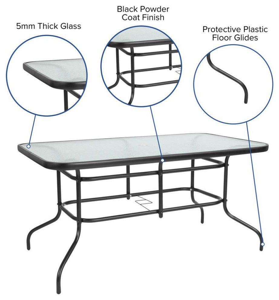 Lila 5 Piece Patio Dining Set 55" Tempered Glass Table 4 Black Stack Chairs