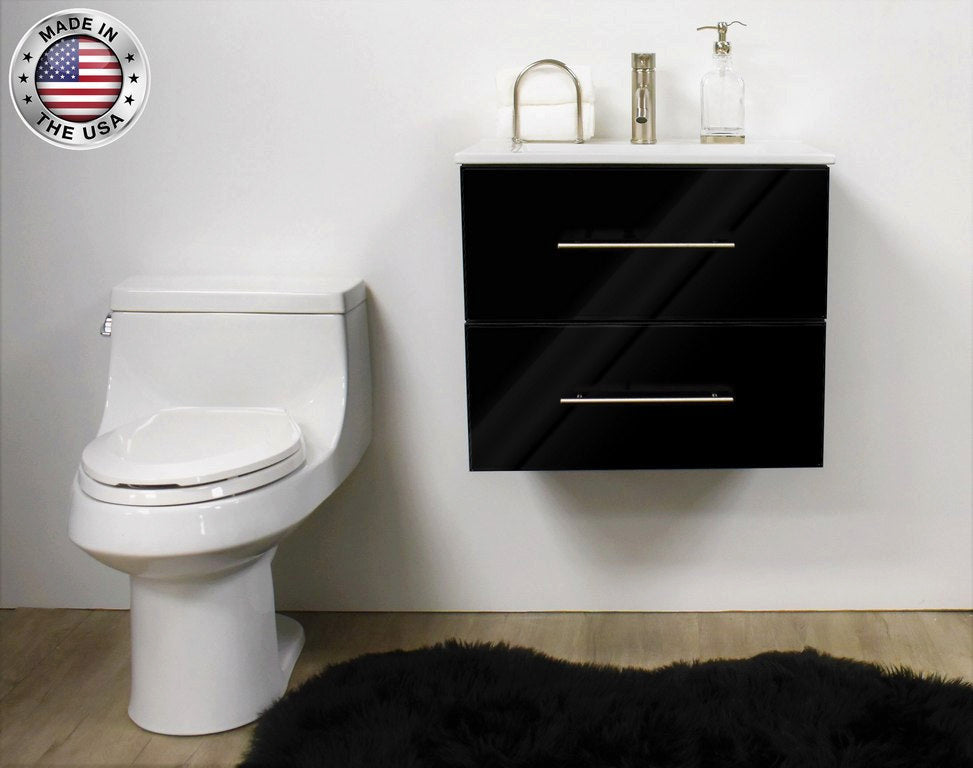 Napa 30" Modern Floating Bathroom Vanity With Ceramic Top and Round Handles, Glossy Black