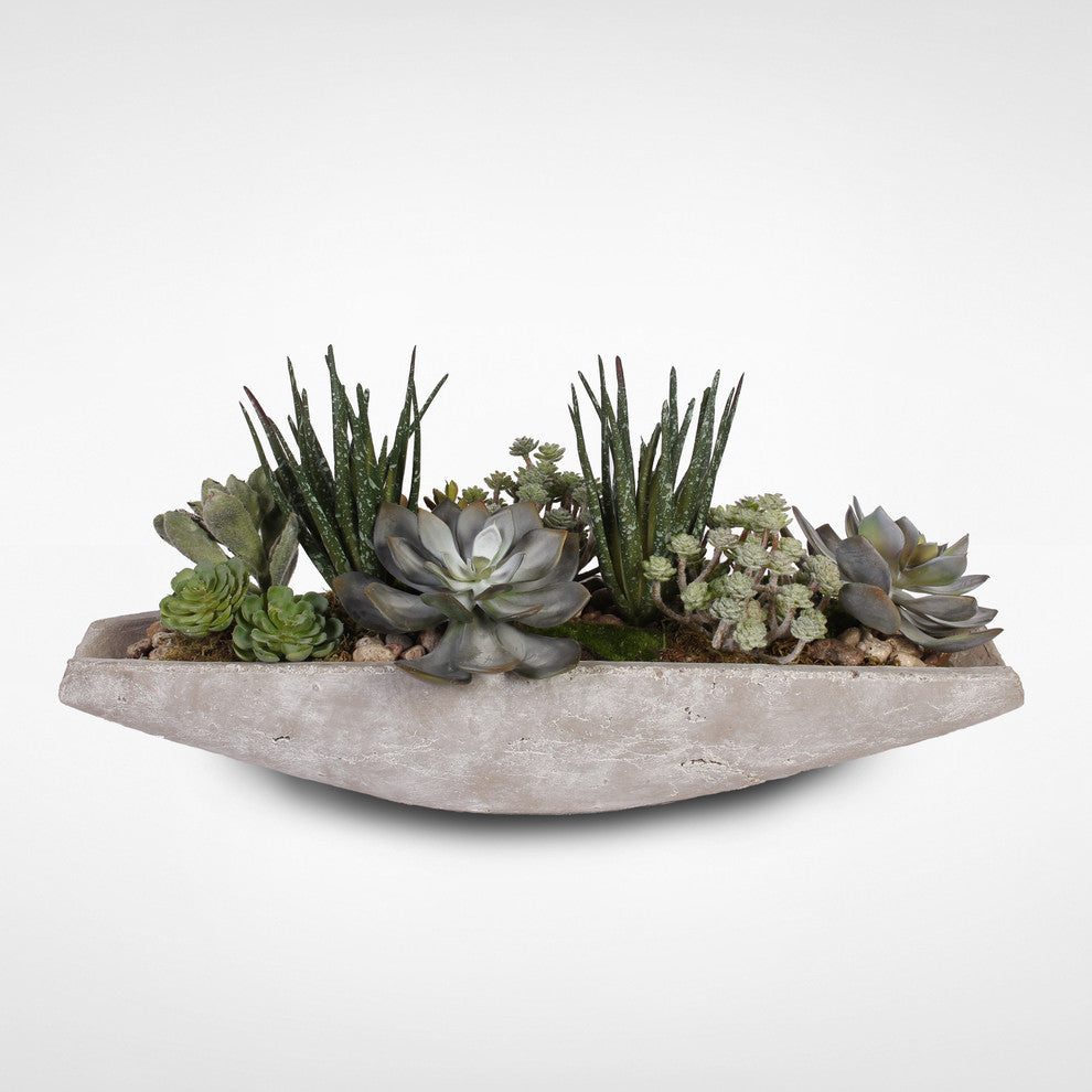 Assorted Artificial Succulents With Natural Pebbles, Stone Boat