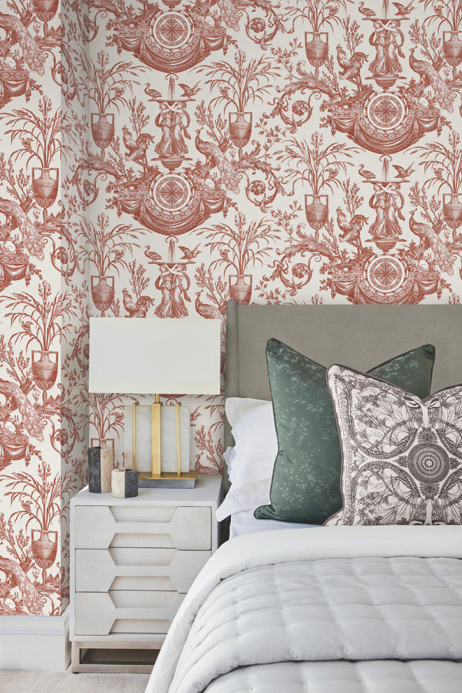 Avian Fountain Toile Brick Wallpaper