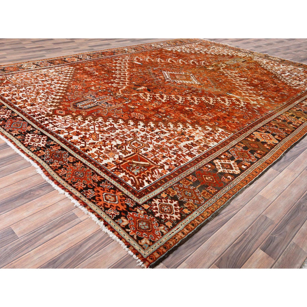 Alloy Orange Semi Antique Persian Heriz Worn Wool Hand Knotted Rug 10'2"x13'