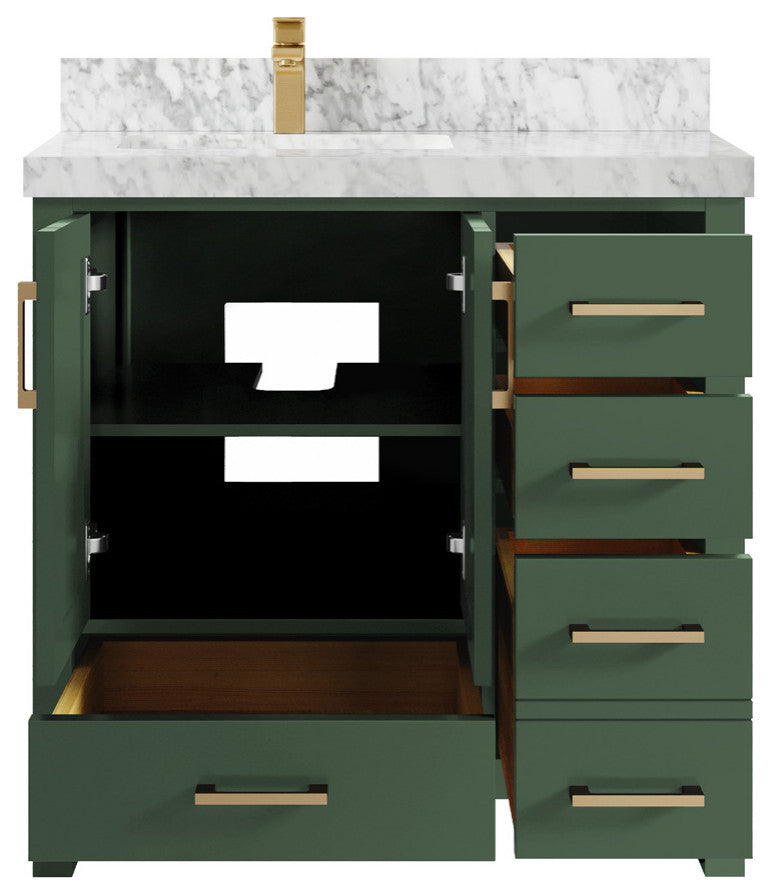 Malibu 36 Left Offset Bath Vanity in Lafayette Green 2" Carrara Marble