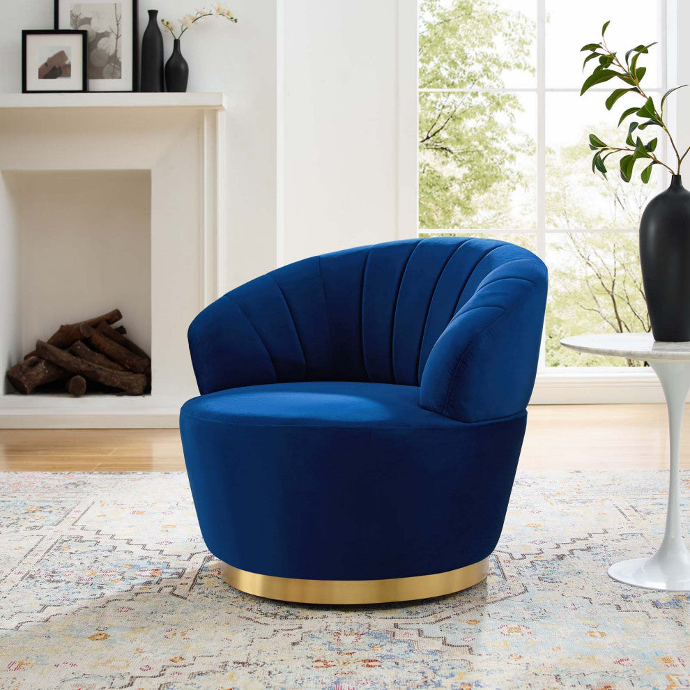 Tufted Armchair Accent Swivel Chair, Velvet, Blue Navy, Modern, Lounge