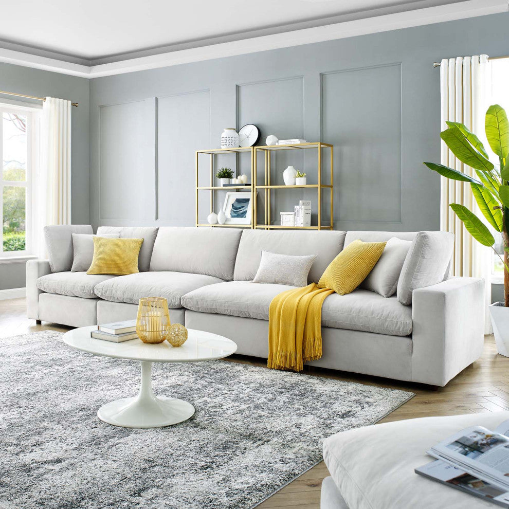 Commix Down Filled Overstuffed Performance Velvet 4-Seater Sofa Light Gray