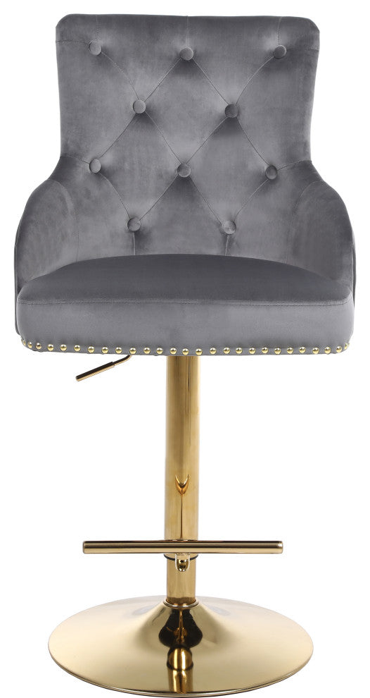 Claude Velvet Upholstered Adjustable Stool, Gray, Gold Base