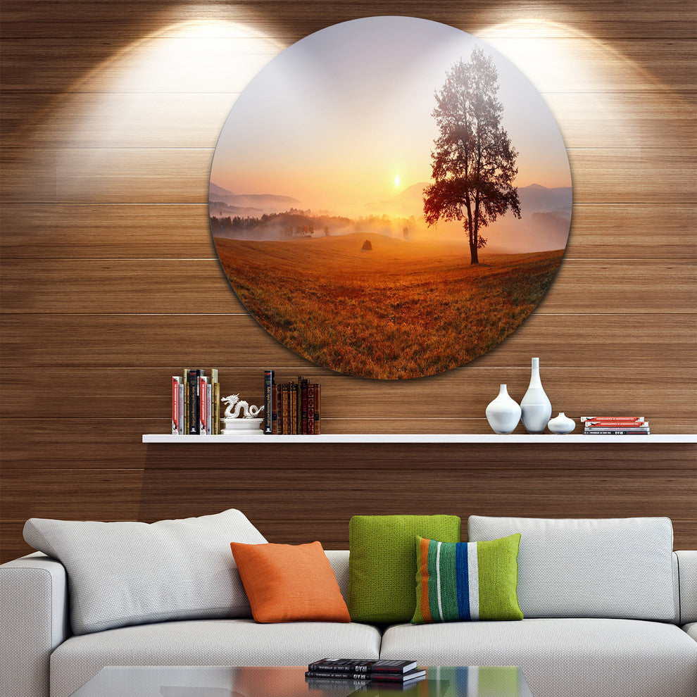 Lonely Tree At Sunset, Landscape Photography Disc Metal Wall Art, 23"