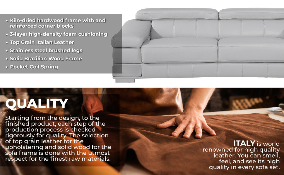 Milan Contemporary Genuine Italian Leather Sofa Light Gray