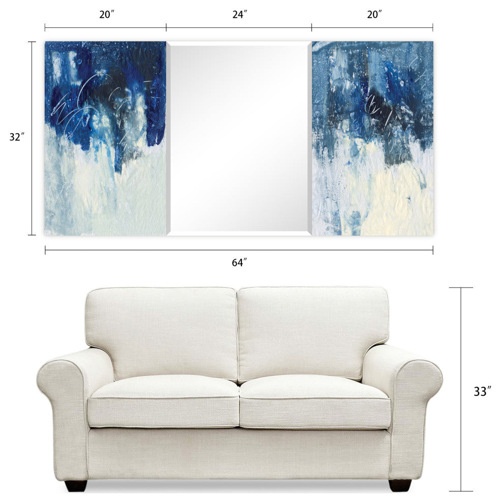 Abstract Rectangular Beveled Wall Mirror on Free Floating Printed Tempered Glass