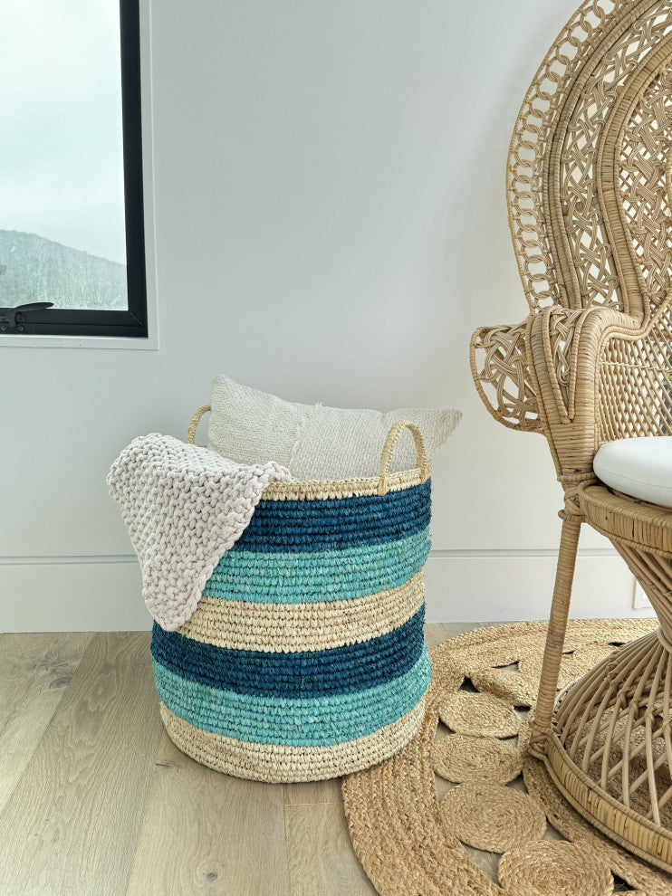 Round Sisal Storge Basket With Handles, Dark Blue, Turquoise and Natural
