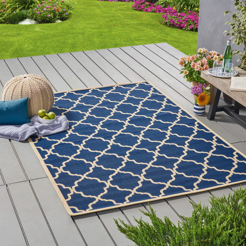 GDF Studio Hazel Outdoor Geometric  Area Rug, Navy and Ivory, 5'x8'