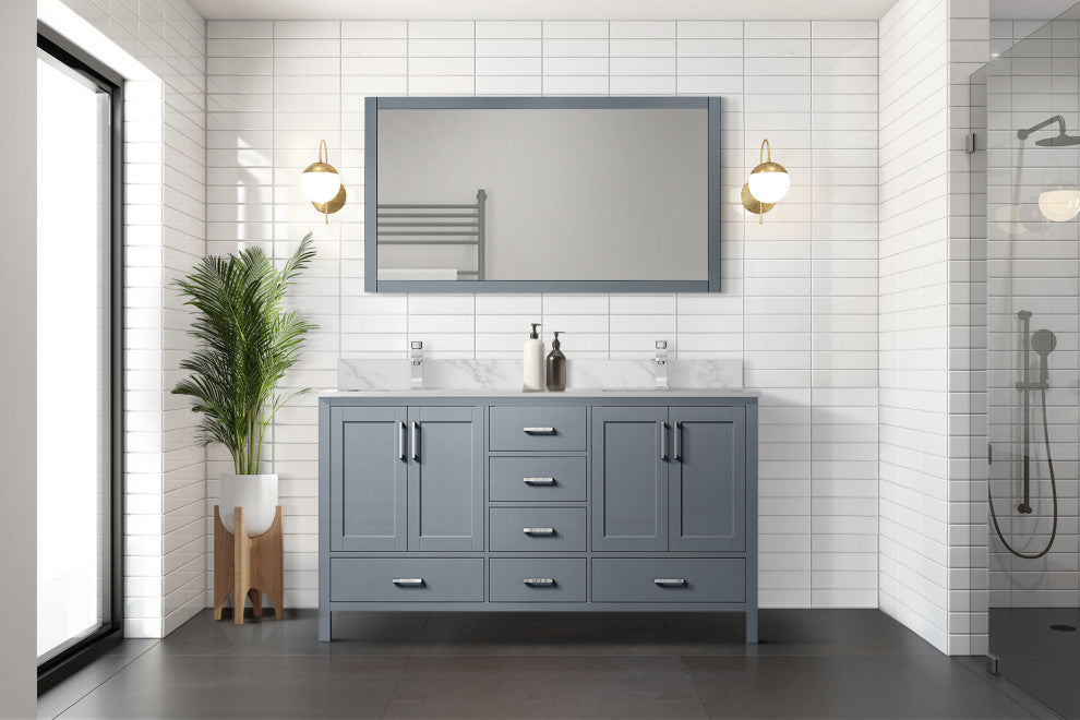 Jacques 60" Dark Gray Double Bath Vanity Cabinet Carrara Marble Top Square Sinks