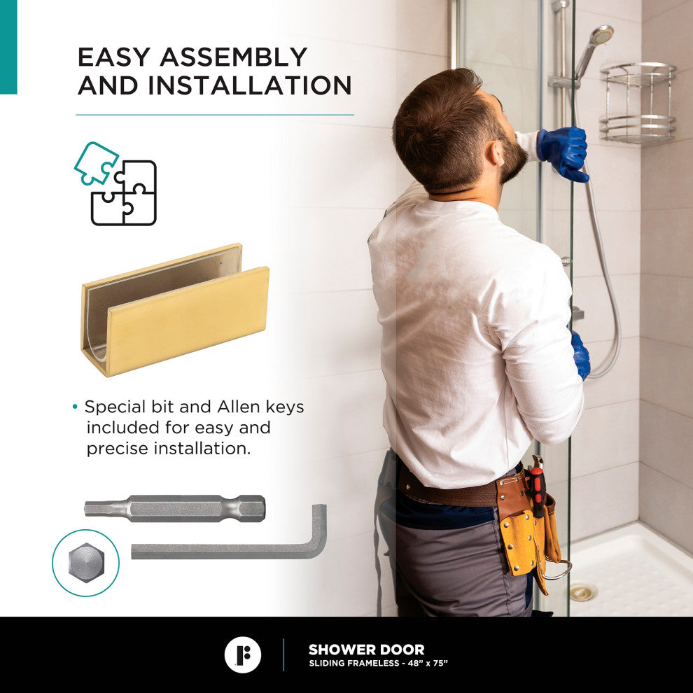 Frameless Clear Sliding Shower Door With Tempered Glass - Shower Bathroom Door, Satin Brass, 48" X 75", Single Sliding Door