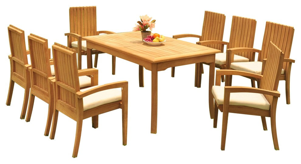 9-Piece Outdoor Teak Dining Set: 60" Rectangle Table,8 Goa Stacking Arm Chairs