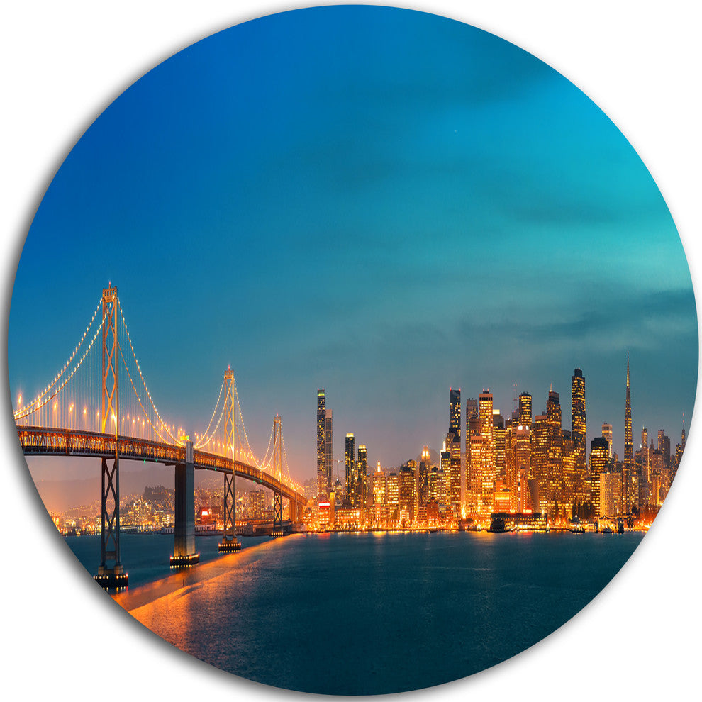 San Francisco Skyline At Night, Cityscape Disc Metal Wall Art, 11"