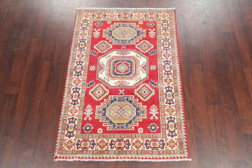 Kazak Oriental Traditional Hand Made Pakistani Area Rug, Red, 4'11"x3'5
