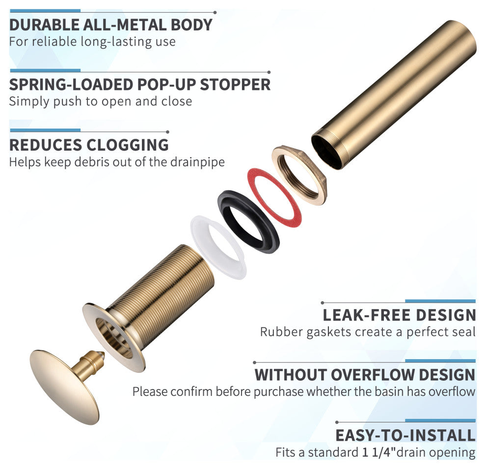 HEATGENE Bathroom Sink Drain, Pop Up Drain, Brushed Gold, Without Overflow