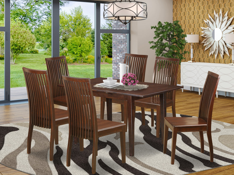 7Pc Rectangular Kitchen Table Featuring 12" Leaf, Six Wood Chairs In Mahogany