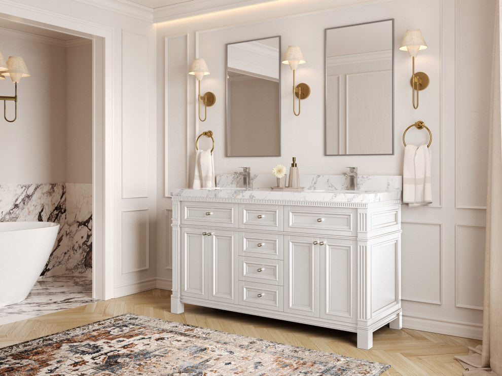 Paris 60" Double Sink Bathroom Vanity, White 2" Viola Night