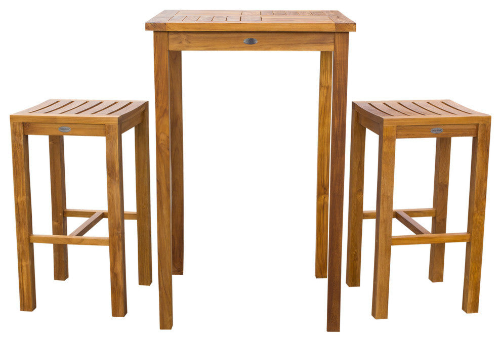 3-Piece Teak Wood Havana Small Patio Bar Set with 27" Square Table and 2 Barstoo