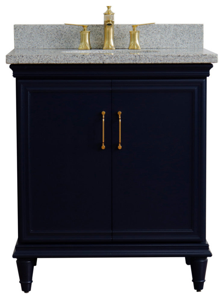 31" Single Vanity, Blue Finish With Gray Granite And Oval Sink