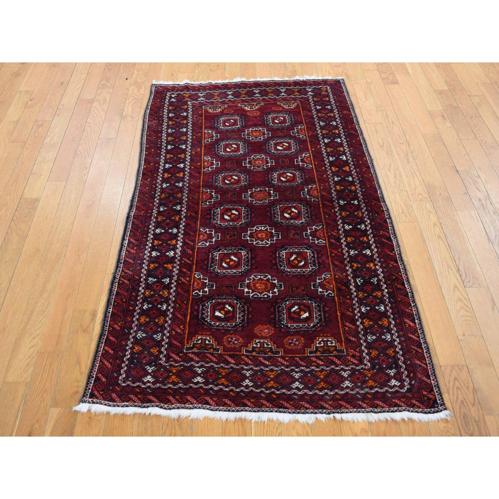 Red Vintage Tourkaman Bokara Pure Wool Hand Knotted Runner Rug 3'4" x 5'10"
