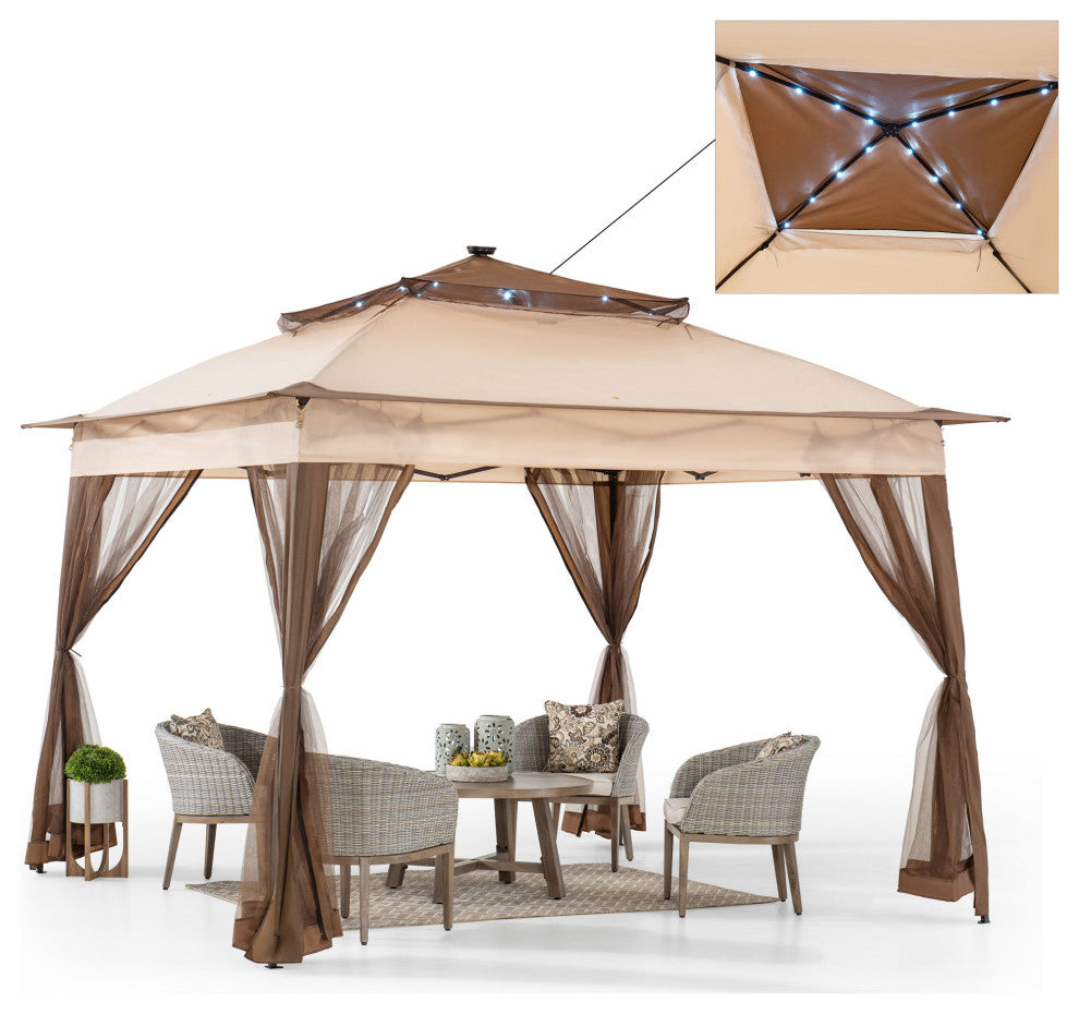 Sunjoy 11 x 11 ft Patio Pop Up Portable Gazebo with Solar LED Lighting