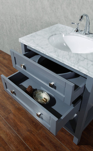 30" W Single Freestanding Bath Vanity, Gray With White Carrara Marble Top