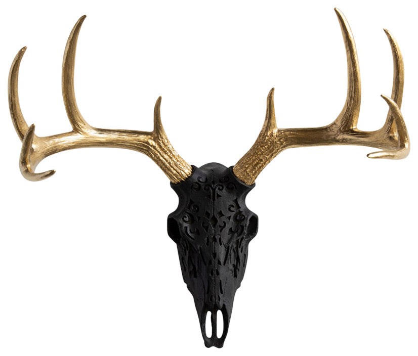 Faux Deer Skull Native American Carving Wall Decor, Black, Gold Antlers