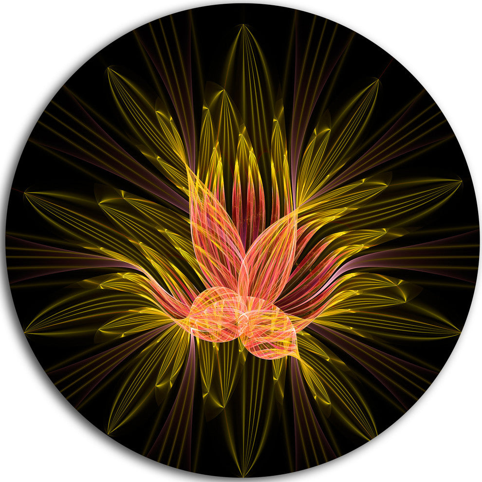 Yellow Red Fractal Flower In Dark, Abstract Disc Metal Wall Art, 23"