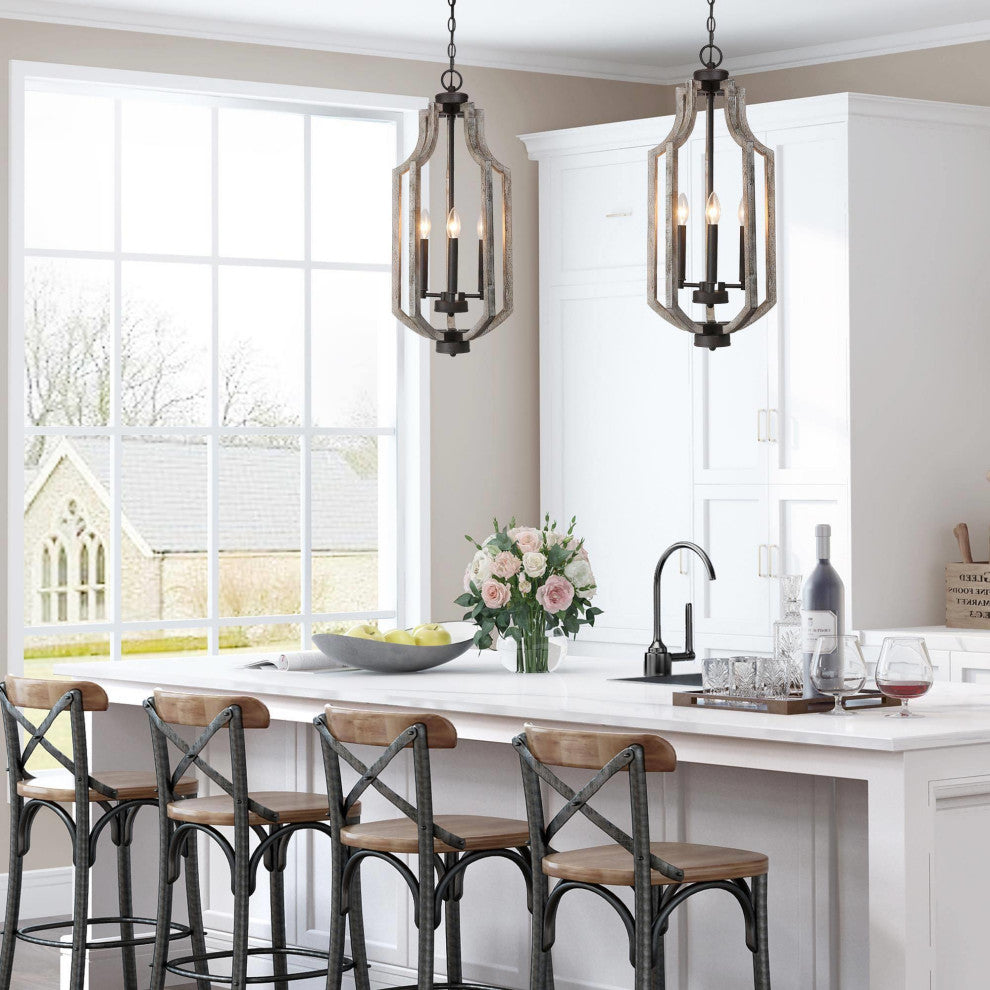 LNC Farmhouse Bronze 3-Light Lantern Wood Chandelier for Kitchan Island