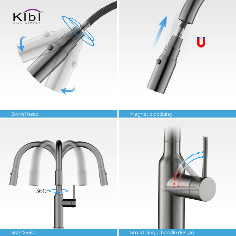 KIBI Hilo Single Handle Pull Down Kitchen Faucet, Titanium, W/ Soap Dispenser