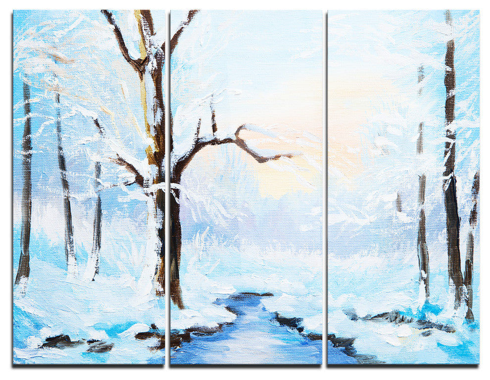 "White Frozen River in Forest" Painting Metal Wall Art, 3 Panels, 36"x28"