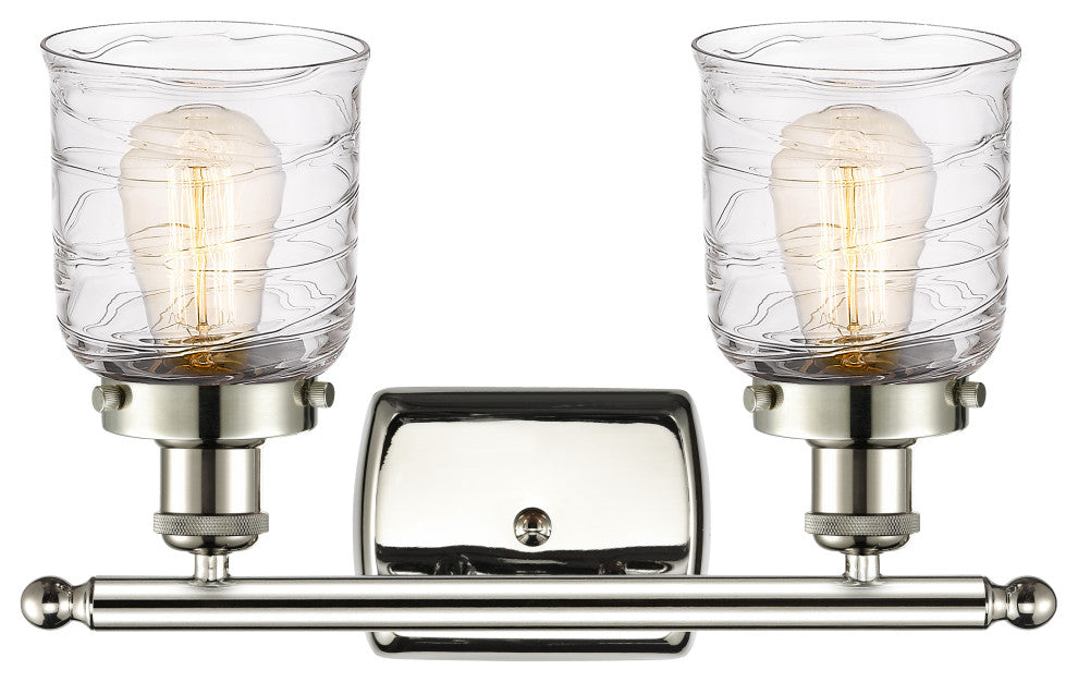 Small Bell 2 Light Bath Vanity Light, Polished Nickel, Deco Swirl