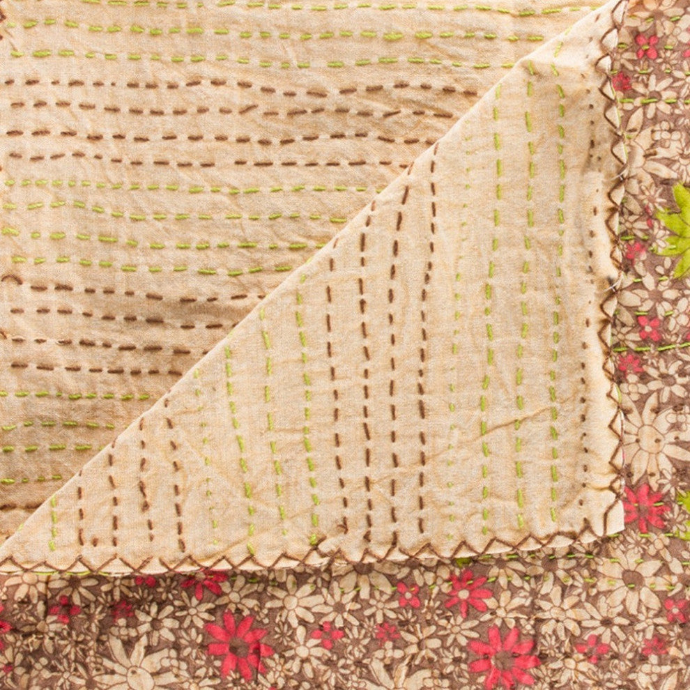 50x70 Green and Brown Kantha Cotton Floral Throw Blanket With Embroidery