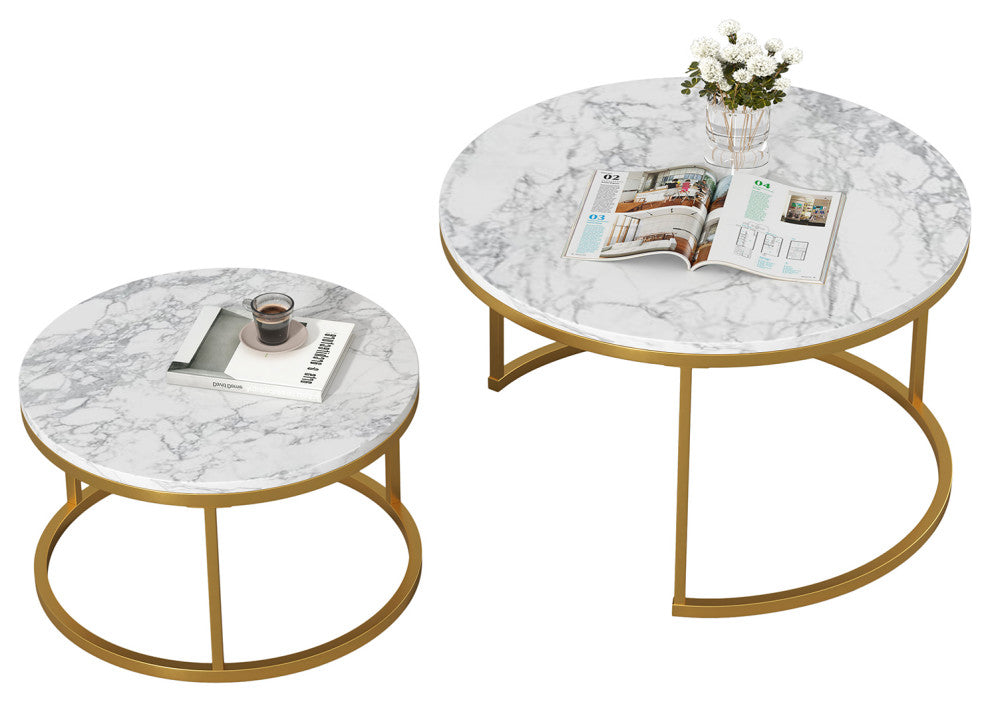 29 .5" Golden Frame Marble Color Top Round Wood Coffee Table, 2-Piece Set