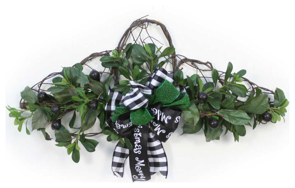 Vine Wall Hanging with Olives and Pittosporum with Black and Green Ribbon