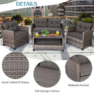 Costway 4PCS Patio Rattan Furniture Set Coffee Table Cushioned Sofa Garden Gray