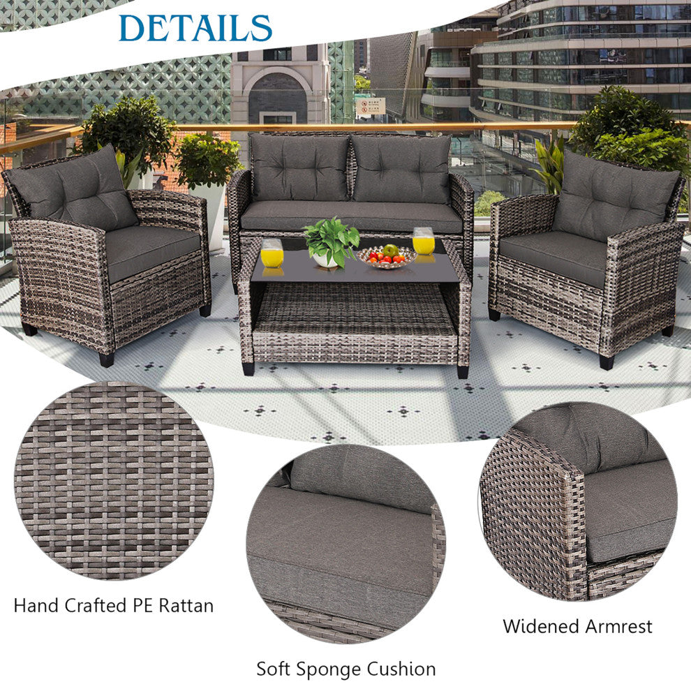 Costway 4PCS Patio Rattan Furniture Set Coffee Table Cushioned Sofa Garden Gray