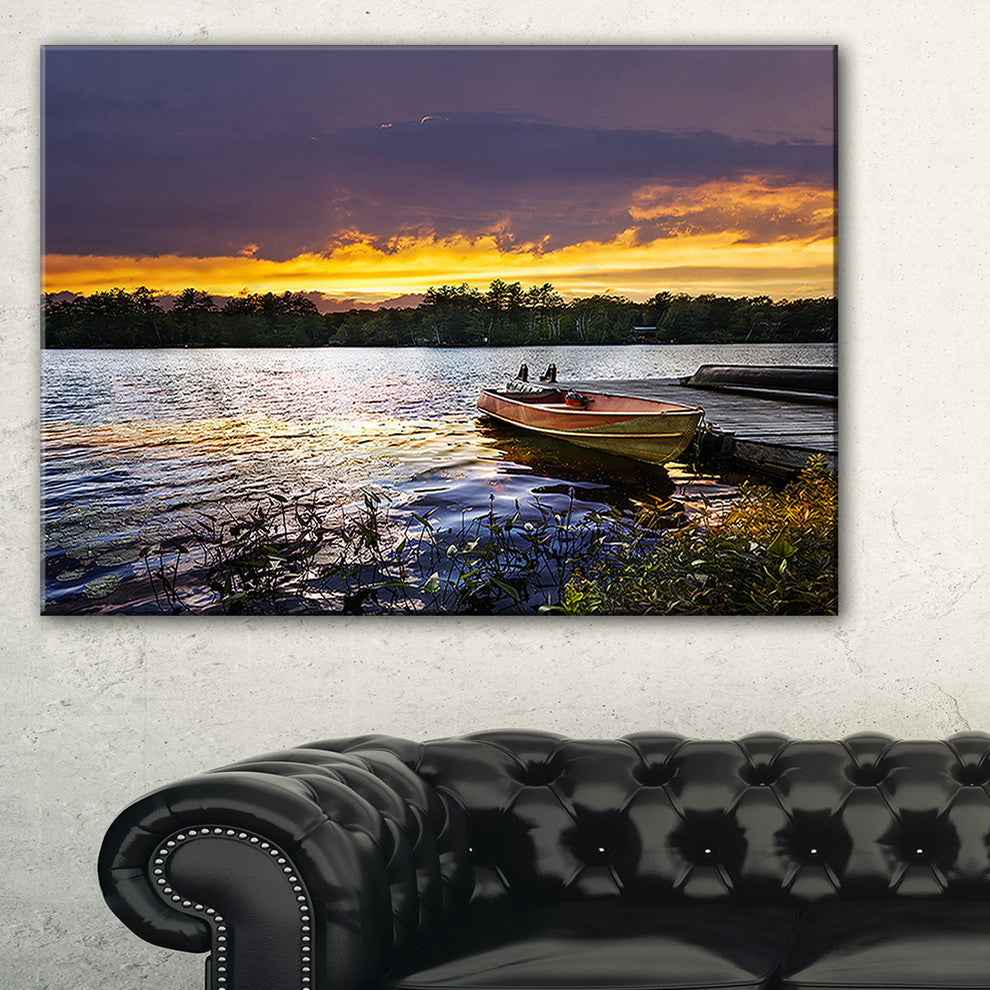 "Boat Docked in Lake At Sunset" Modern Seashore Canvas Art, 40"x30"
