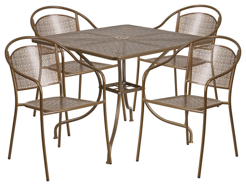 35.5" Square Gold Indoor-Outdoor Steel Patio Table Set with 4 Round Back Chairs