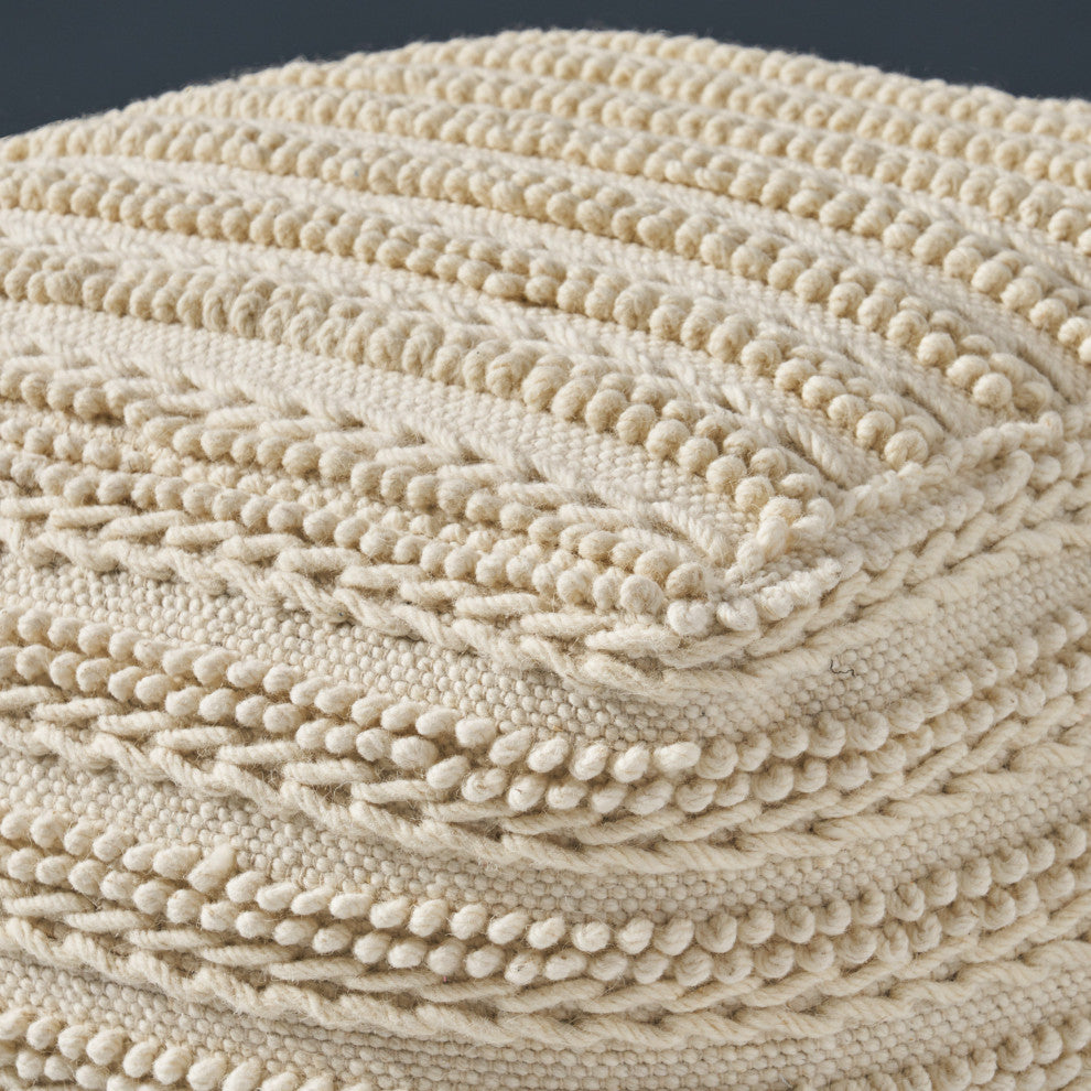 Marcia Boho Handcrafted Large Fabric Square Pouf, Ecru, Ecru